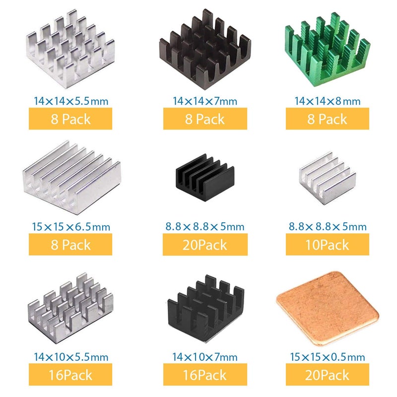 Easycargo 124pcs Heatsink Kit 9 Sizes Multicolor Aluminum + Copper, Cooler Heat Sink for Cooling VRM VRAM CPU GPU Small PC Components Laptop M.2 SSD LED Raspberry Pi 4 (with Thermal Glue) - Image 5